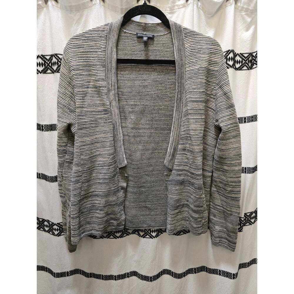 Eileen Fisher gray heather ribbed knit cotton blend open‎ cardigan medium